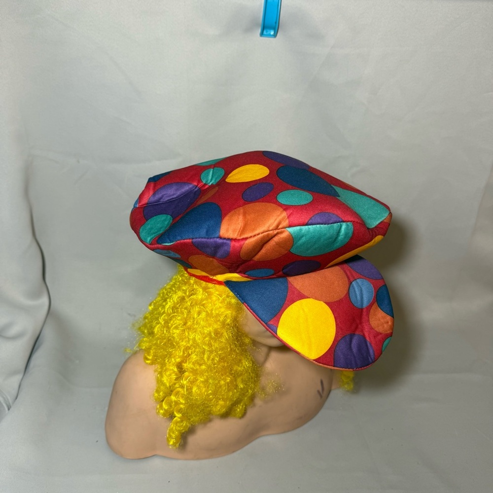 Red Polka Dot Adult Clown Hat w/ Attached Yellow Wig